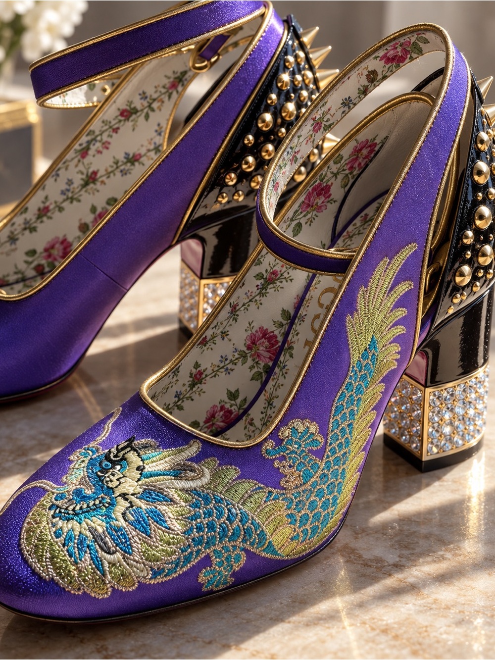 Gucci Fall 2017 Runway Purple Caspar Dragon Satin Pumps Alessandro Michele